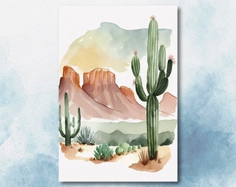 May include: Watercolor painting of a desert landscape with a tall green cactus in the foreground and a mountain range in the background. The sky is a soft yellow and blue.