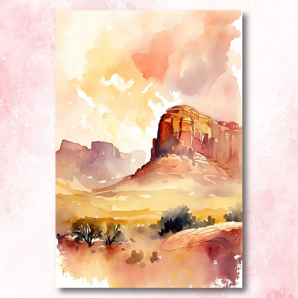 Golden Hour Sedona Arizona Print, Red Rock Desert Watercolor Wall Art