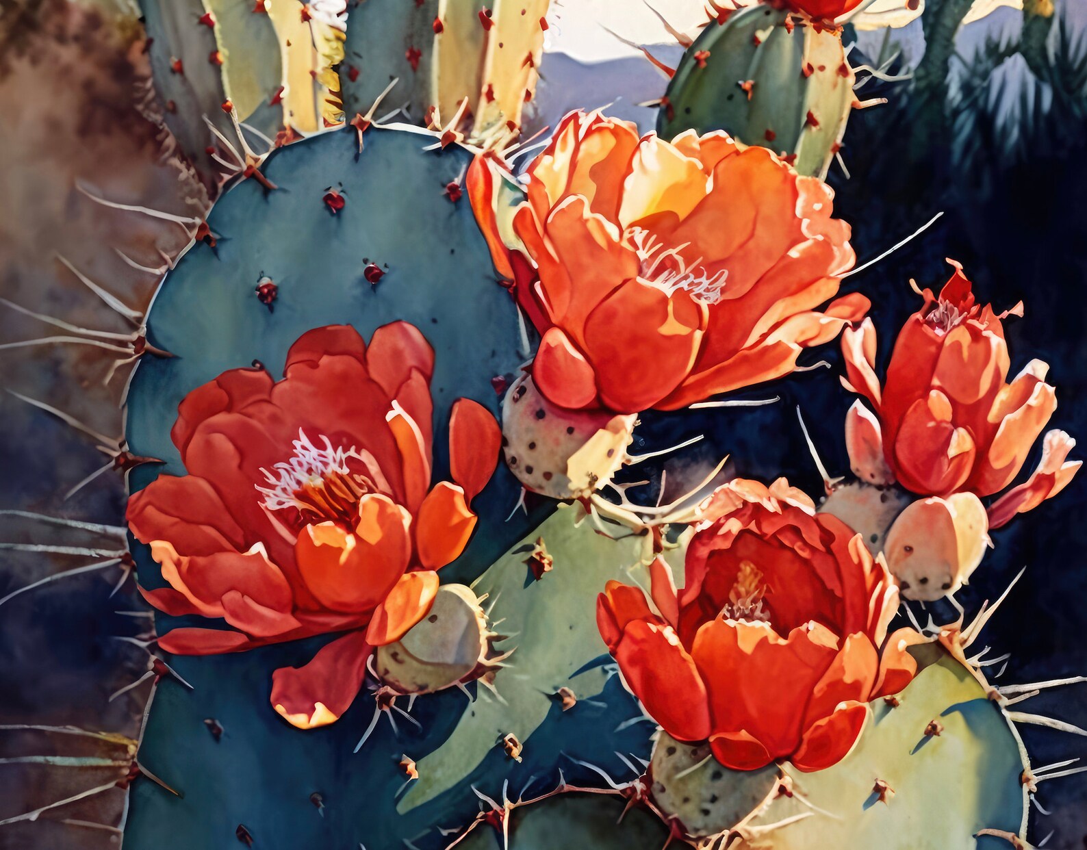 Flower Prickly Pear Cactus Sunset Art Print Watercolor Botanical Desert ...