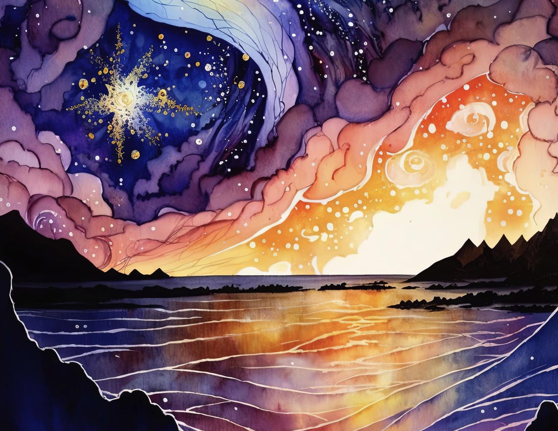 Ocean Wave Sunset Watercolor Print, Starry Night Sky Inspired Seascape ...