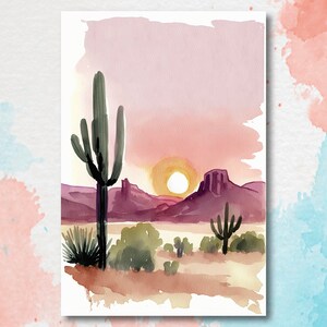 K&ouml;nnte beinhalten: Ein Aquarellbild einer W&uuml;stenlandschaft mit einem gro&szlig;en Saguaro-Kaktus im Vordergrund, einer Bergkette im Hintergrund und einer untergehenden Sonne am Himmel. Der Himmel ist in Rosa- und Oranget&ouml;nen gemalt.
