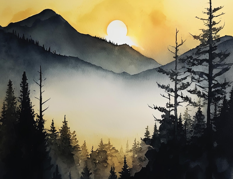 Mountain Forest Sunset Watercolor Print, Misty Landscape Wall Art ...