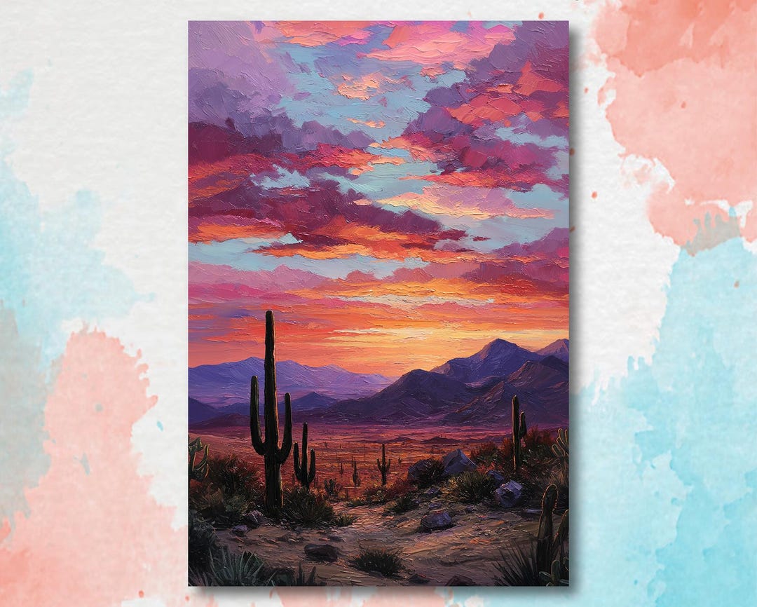 Desert Cactus Sunset Oil Painting Print - Colorful Wall Art Southwest ...