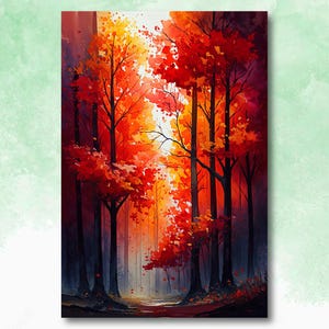 Impresión de acuarela de bosque otoñal rojo, póster de paisaje con follaje otoñal, arte en lienzo inspirado en la naturaleza, arte de pared con escena de bosque, decoración del hogar