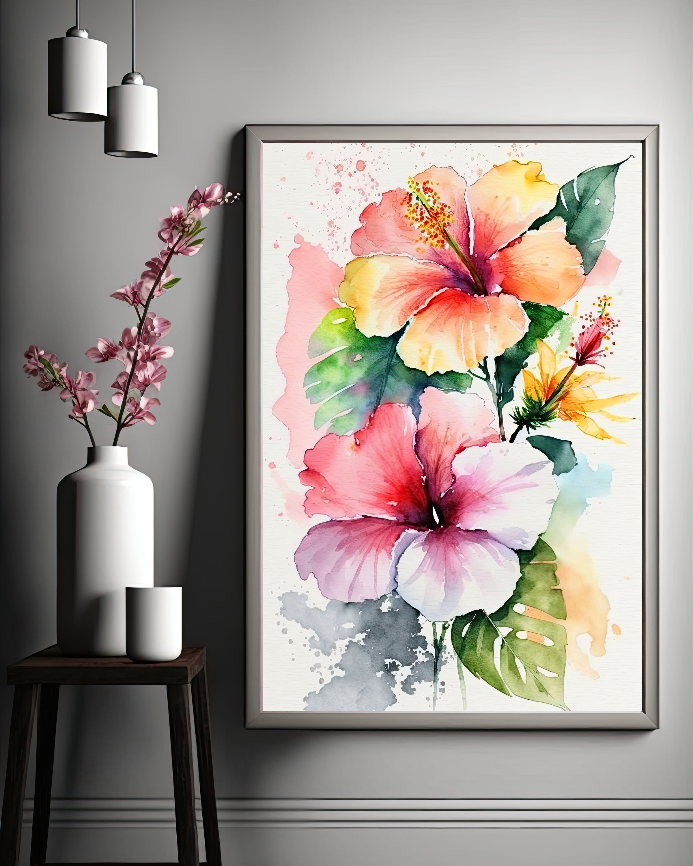 Watercolor Hibiscus Flower Hawaiian Print Round Rug