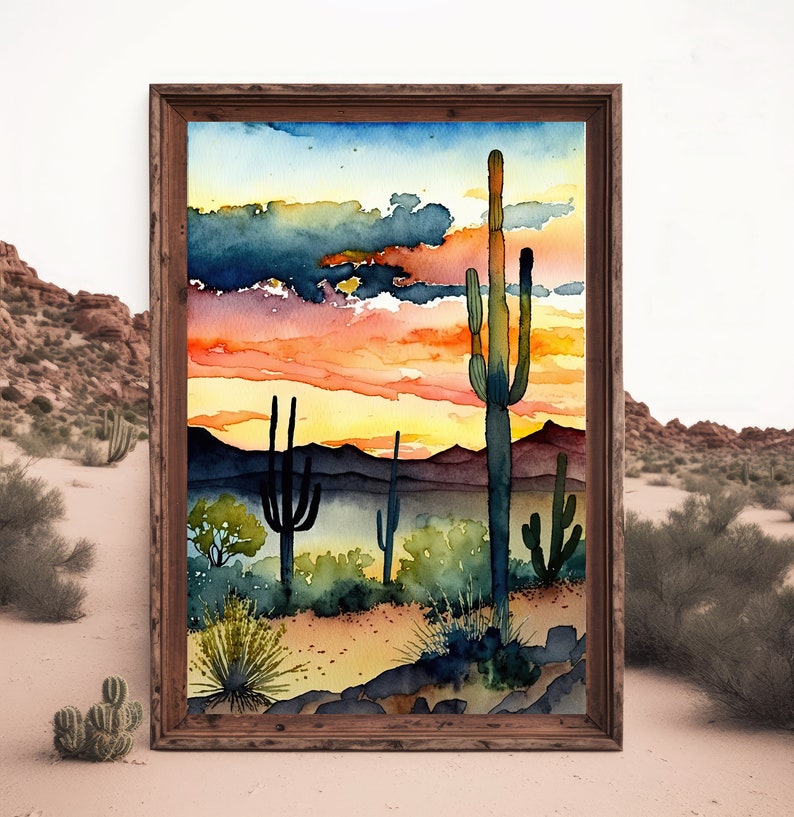 Desert Sunset Print Colorful Watercolor Wall Art Southwest Landscape ...
