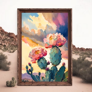 Flower Prickly Pear Cactus Sunset Art Print Watercolor Botanical Desert ...