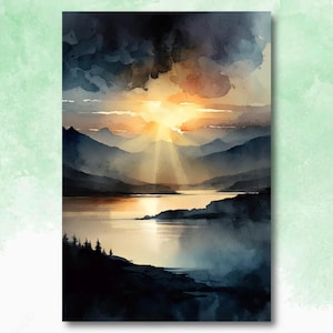 May include: A watercolor painting of a mountain range with a lake in the foreground. The sun is setting behind the mountains, casting a golden glow over the scene. The sky is a mix of dark blue and orange.
