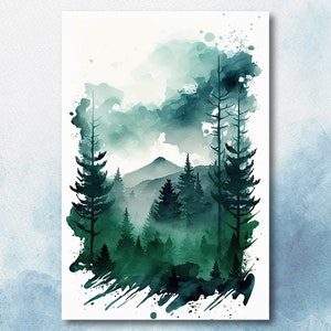 Forest Stream Sage Green Wall Art Watercolor Print Landscape Painting Nature Inspired Gift Woodland Cottagecore Decor