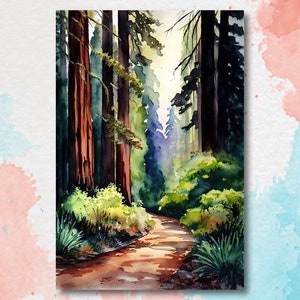 Redwood Tree Forest California Print Sequoia National Park Wall Art Landscape Watercolor Painting Gift Rustic Woodland Home Decor