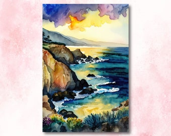 California Big Sur Beach Sunset Art Print Watercolor Ocean Wall Art Coastal Landscape Painting Gift Beach House Decor