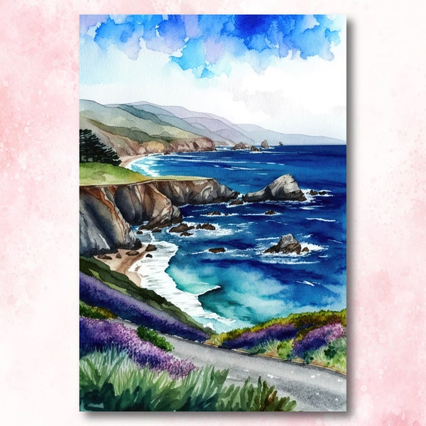 California Big Sur Beach Print Watercolor Ocean Wall Art Tropical Nature Gift Coastal Landscape Home Decor