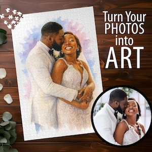 Custom Photo Wedding Puzzle, Watercolor Bride and Groom Jigsaw, Personalized Anniversary or Newlywed Keepsake Gift (110 - 1014 pieces)