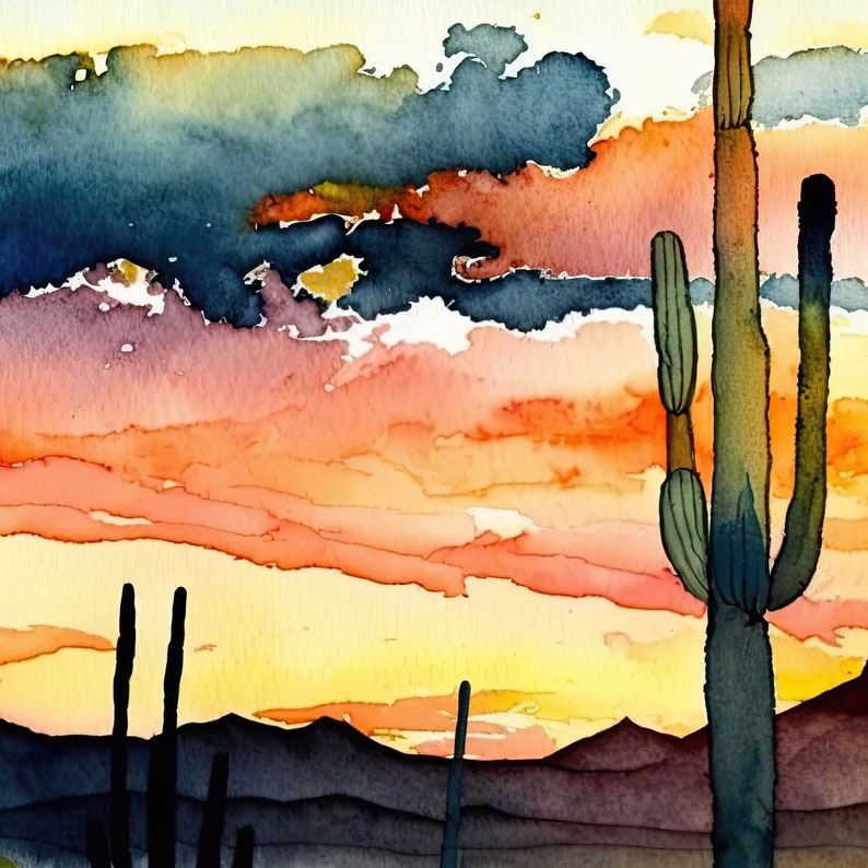 Desert Sunset Print Colorful Watercolor Wall Art Southwest Landscape ...