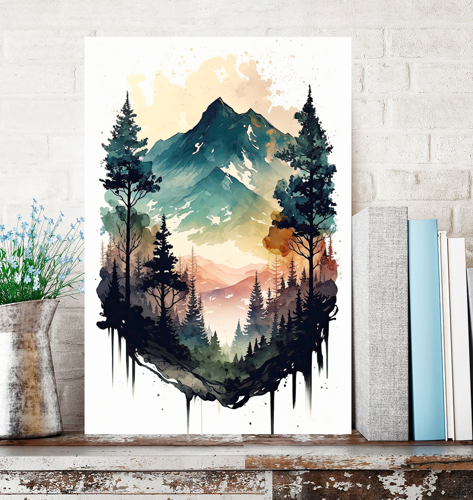 Forest Mountain Wall Art Landscape Cabin Decor Painting Watercolor ...