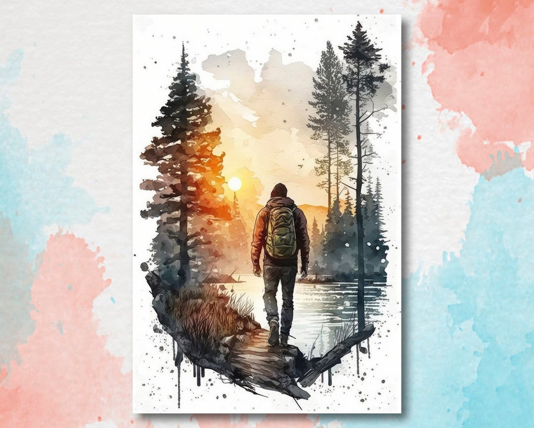 Hiking Forest Mountain Sunset Wall Art Watercolor Nature Inspired