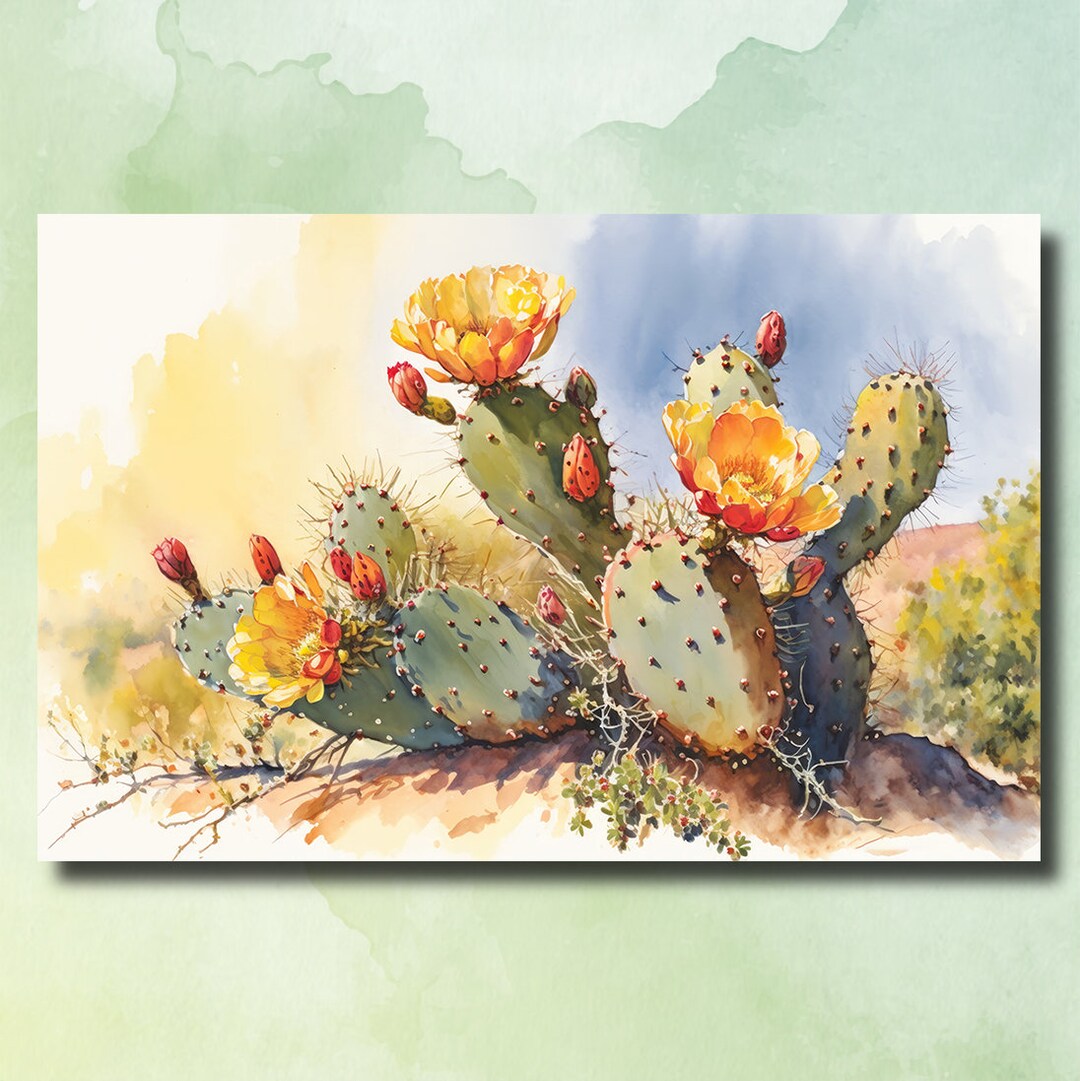 Flower Prickly Pear Cactus Print Watercolor Painting Botanical Desert ...