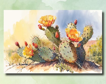 Puede incluir: Una pintura de acuarela de un cactus chumbera con flores amarillas y naranjas. El cactus es verde y tiene muchas espinas. El fondo es una acuarela de color azul claro y amarillo.