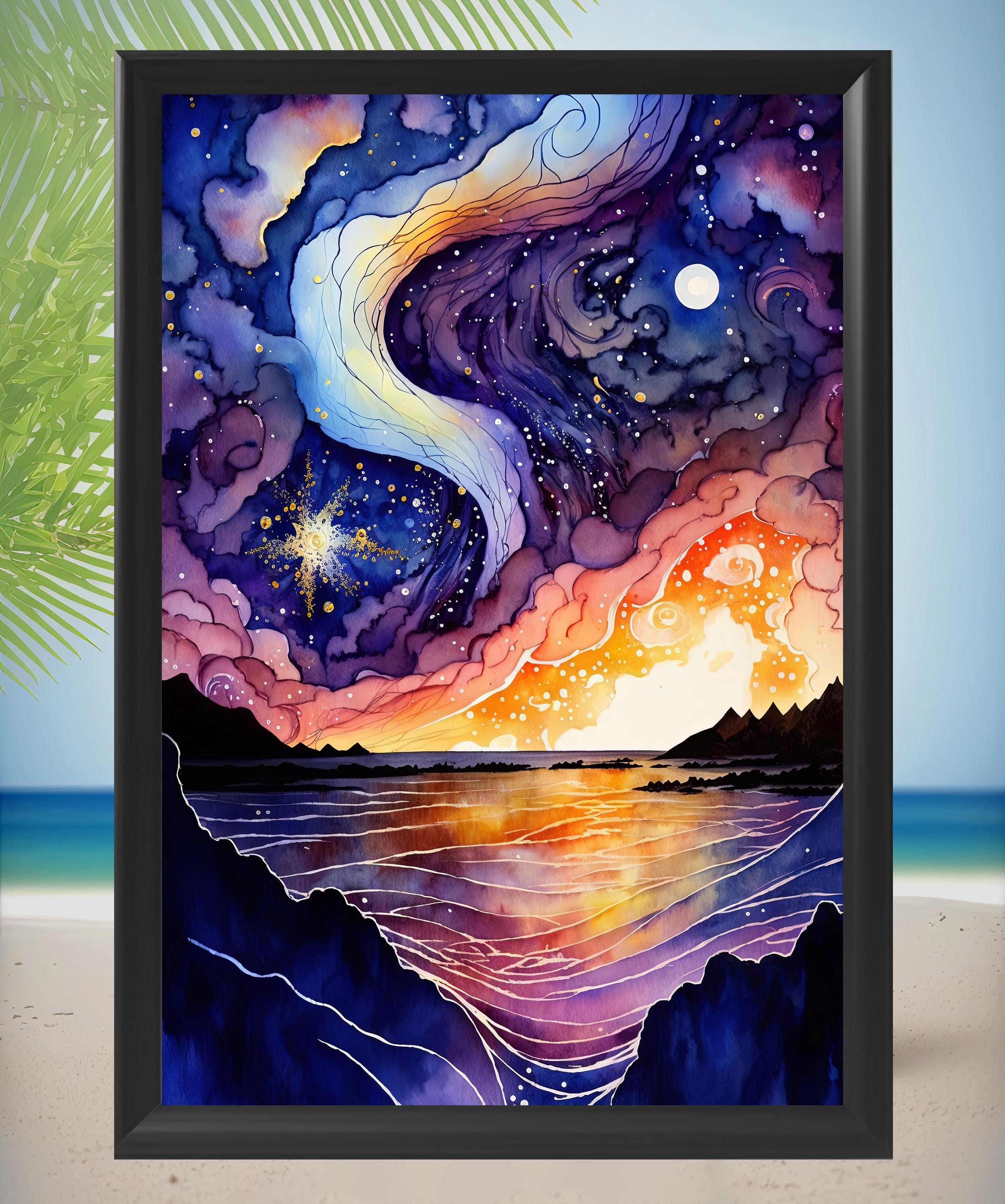 Ocean Wave Sunset Watercolor Print, Starry Night Sky Inspired Seascape ...