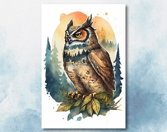 Watercolor Owl Painting Print Forest Wall Art Nature Bird Wildlife Gift Wild Animal Painting Woodland Nursery Home Decor