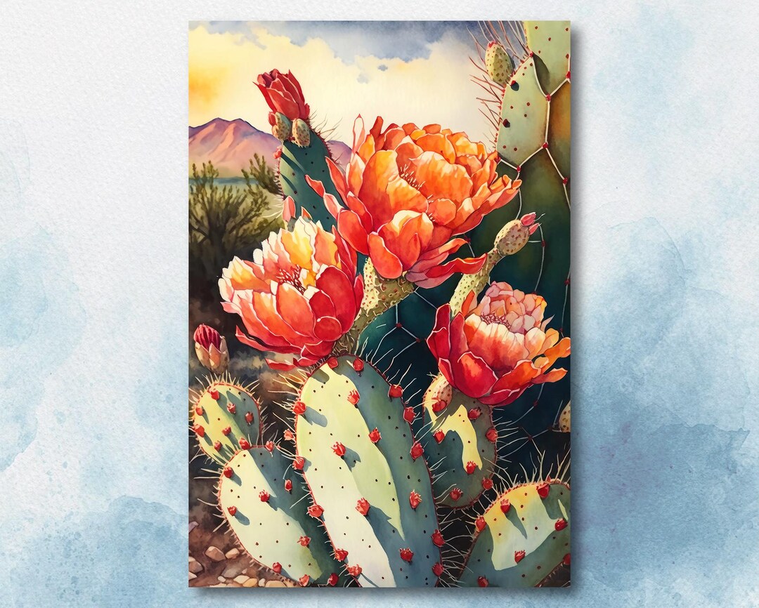Flower Prickly Pear Cactus Sunset Art Print Watercolor Botanical Desert ...