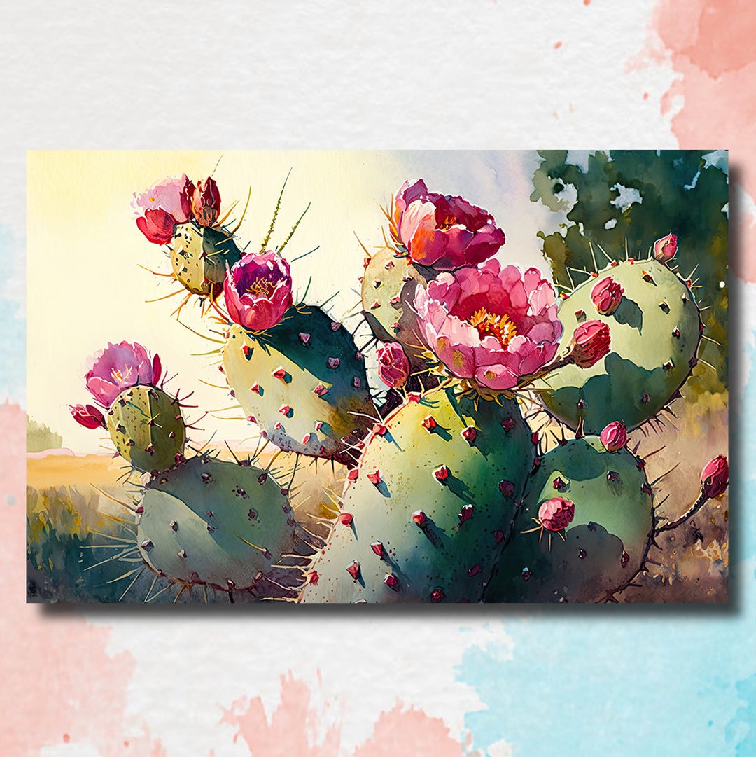 Flower Prickly Pear Cactus Print Watercolor Painting Botanical Desert ...