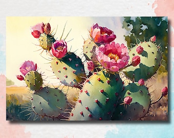 Puede incluir: Una pintura de acuarela de un cactus chumbera con flores rosas en flor. El cactus es verde con espinas y las flores son de un rosa vibrante con centros amarillos. El fondo es de un amarillo suave con un toque de azul.