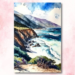 California Big Sur Beach Print Watercolor Ocean Wall Art Tropical Nature Gift Coastal Landscape Home Decor