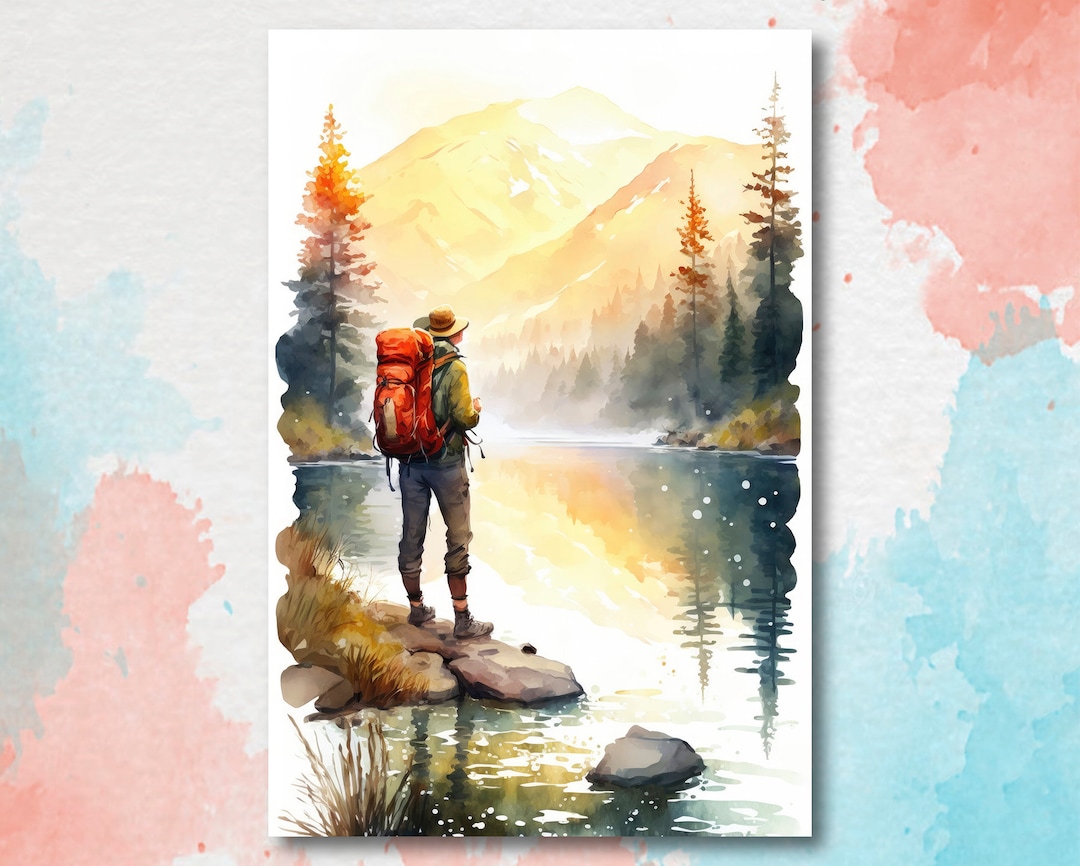 Hiking Forest Mountain Sunset Wall Art Watercolor Nature Inspired