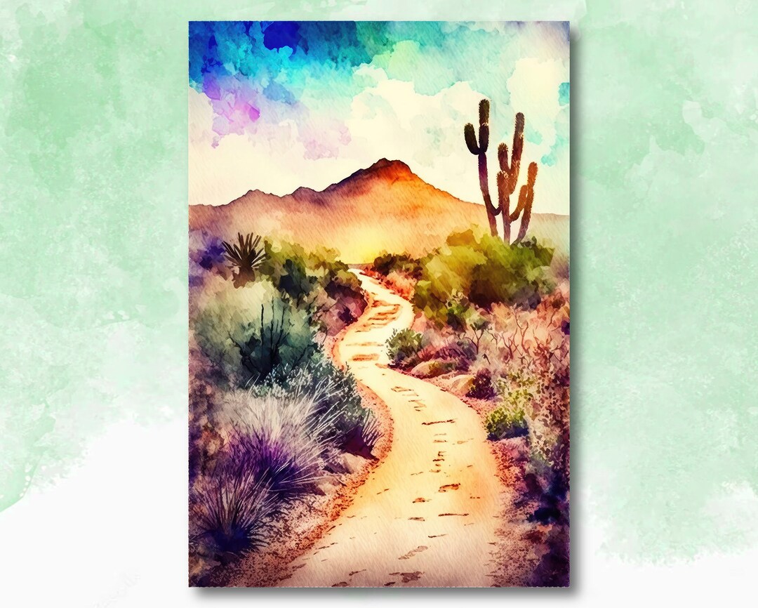 Desert Sunset Print Colorful Watercolor Wall Art Southwest Landscape ...