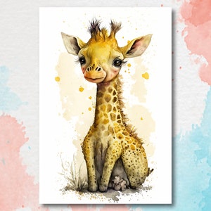 Baby Giraffe Watercolor Print African Nature Wall Art Kids Nursery Wildlife Gift Cute Animal Home Decor