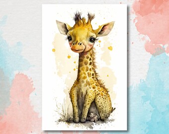 Baby Giraffe Watercolor Print African Nature Wall Art Kids Nursery Wildlife Gift Cute Animal Home Decor