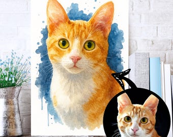 Custom Cat Pet Watercolor Portrait from Photo, Personalized Kitten Wall Art, Cat Lover Gift, Pet Memorial Keepsake Home Decor