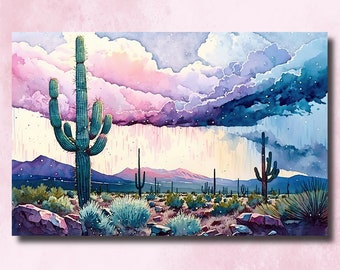 May include: A watercolor painting of a desert landscape with a large saguaro cactus in the foreground. The sky is filled with dramatic clouds, and it appears to be raining. The colors are vibrant and the painting has a painterly style.
