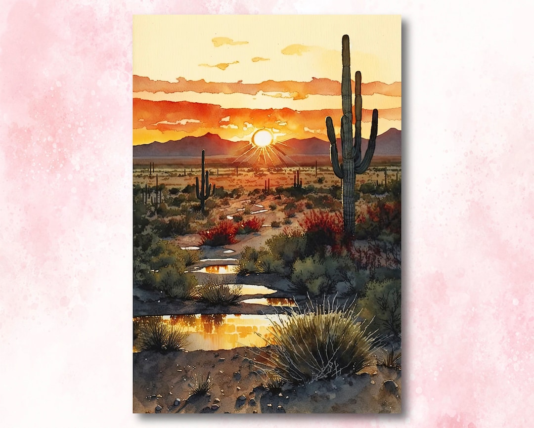 Desert Sunset Print Colorful Watercolor Wall Art Southwest Landscape ...
