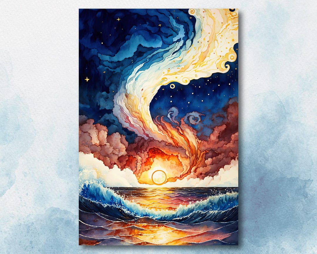 Ocean Wave Sunset Watercolor Print, Starry Night Sky Inspired Seascape ...