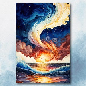 Impresión de acuarela de puesta de sol con olas del océano, póster de paisaje marino inspirado en el cielo nocturno estrellado, arte abstracto de la naturaleza del mar, arte de pared vibrante para decoración del hogar