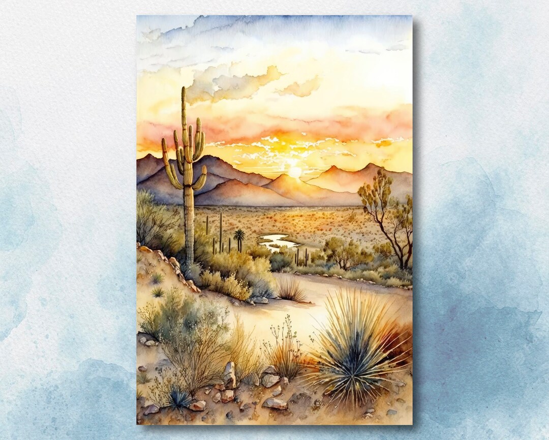 Desert Sunset Print Colorful Watercolor Wall Art Southwest Landscape ...