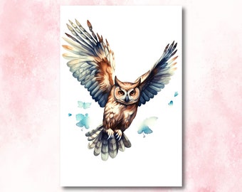 Watercolor Owl Painting Print Forest Wall Art Nature Bird Wildlife Gift Wild Animal Painting Woodland Nursery Home Decor