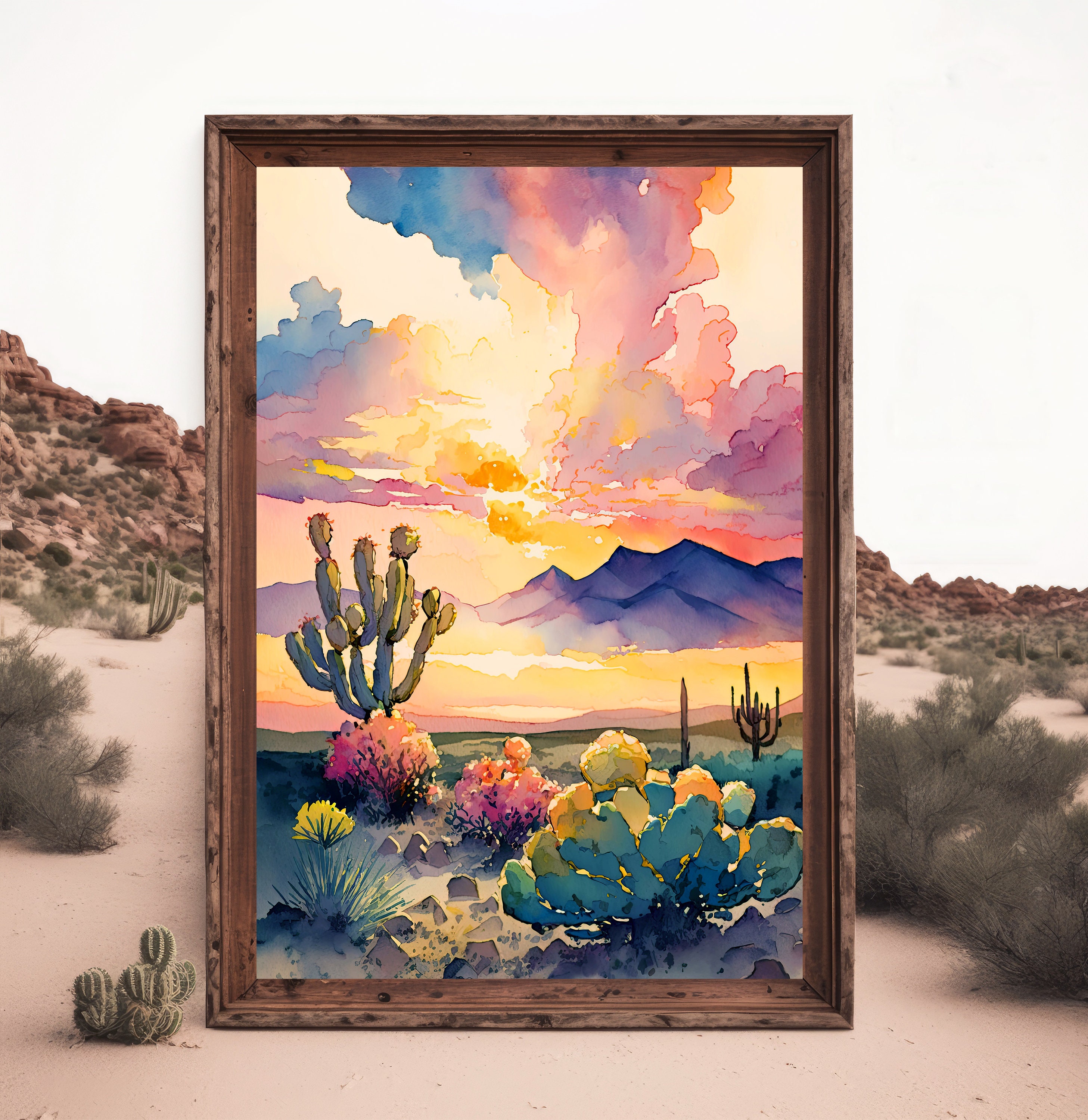 Desert Cactus Sunset Print Colorful Watercolor Wall Art Southwest ...