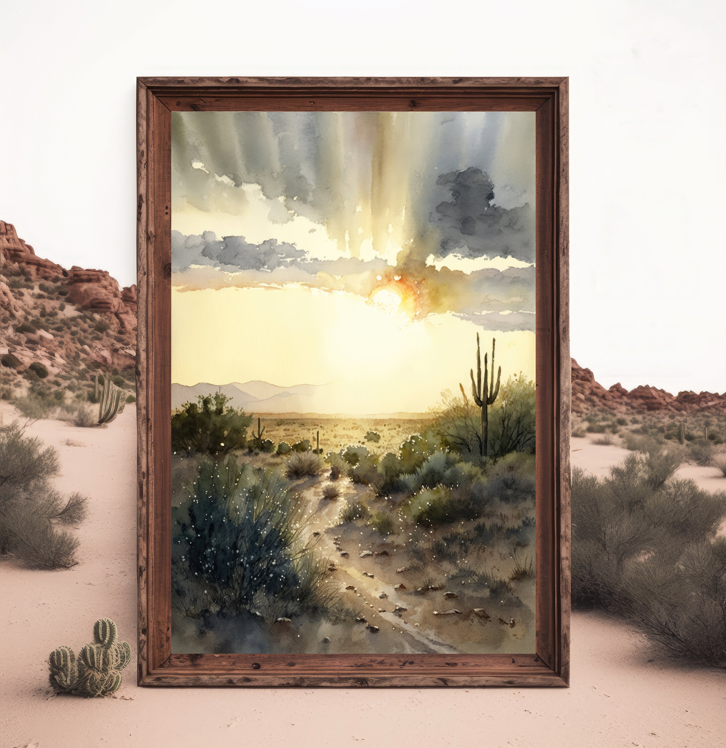 Desert Sunset Print Colorful Watercolor Wall Art Southwest Landscape ...