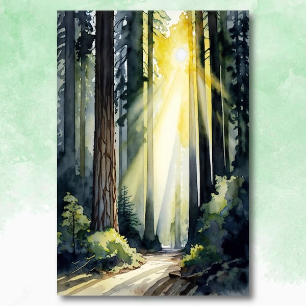 Redwood Tree Forest California Print Sequoia National Park Wall Art Landscape Watercolor Painting Gift Rustic Woodland Home Decor