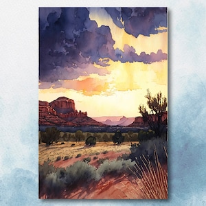Watercolor Sedona Arizona Sunset Art Print Southwest Wall Art Landscape Gift Desert Home Western Decor