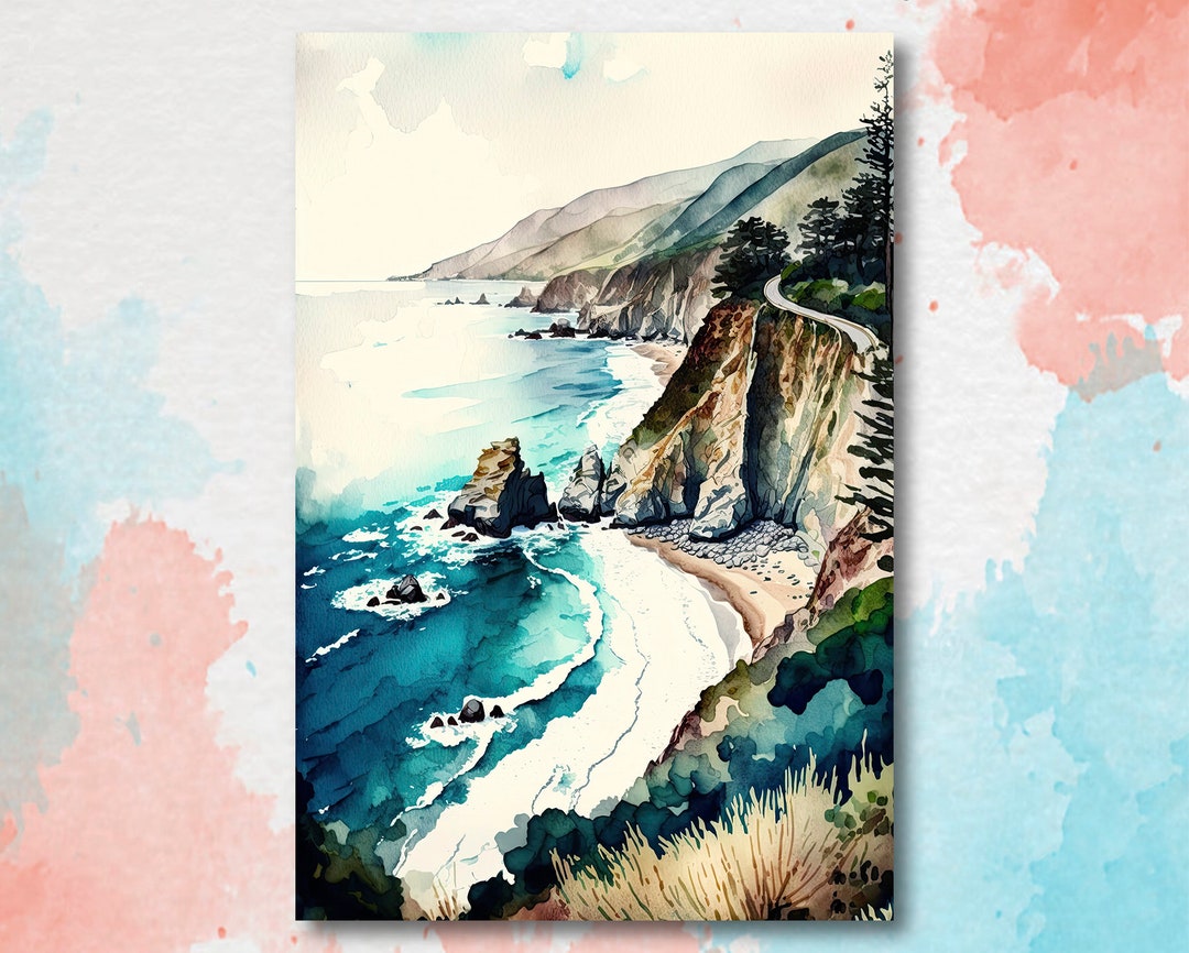 California Big Sur Beach Print Watercolor Ocean Wall Art Tropical ...