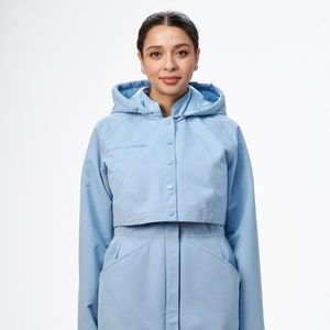 Long Blue Hooded Waterproof Rain Coat Women's Retro Recycled Rain Jacket Fitted Waist, Light Blue Windbreaker image 2