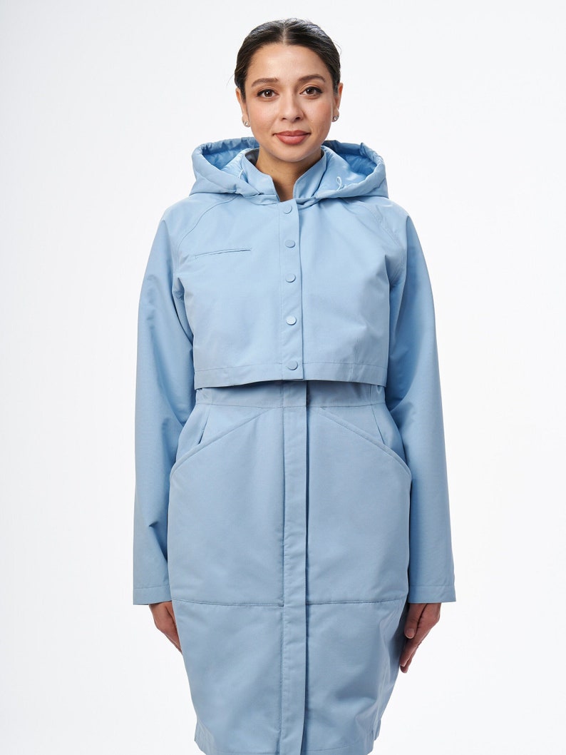 Long Blue Hooded Waterproof Rain Coat Women's Retro Recycled Rain Jacket Fitted Waist, Light Blue Windbreaker image 2
