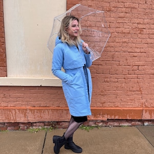 Long Blue Hooded Waterproof Rain Coat Women's Retro Recycled Rain Jacket Fitted Waist, Light Blue Windbreaker image 10