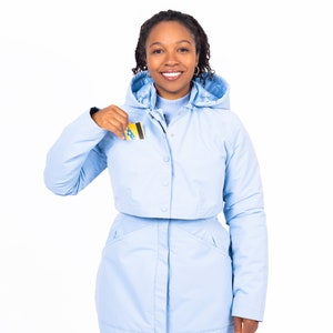 Long Blue Hooded Waterproof Rain Coat Women's Retro Recycled Rain Jacket Fitted Waist, Light Blue Windbreaker L US women's letter