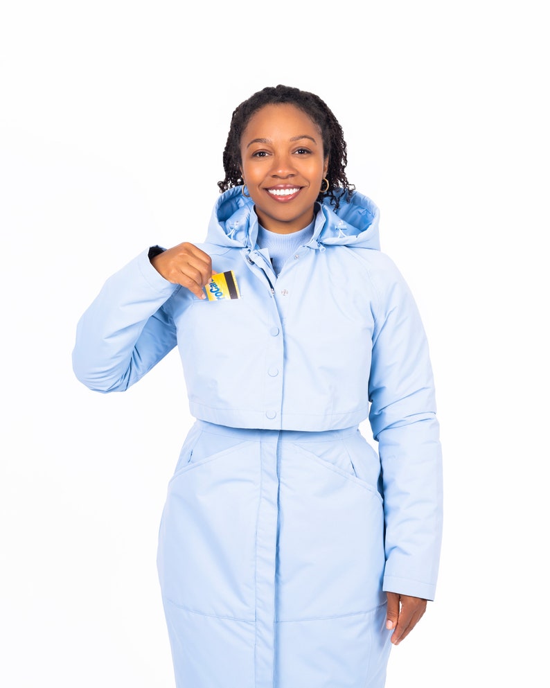Long Blue Hooded Waterproof Rain Coat Women's Retro Recycled Rain Jacket Fitted Waist, Light Blue Windbreaker L US women's letter