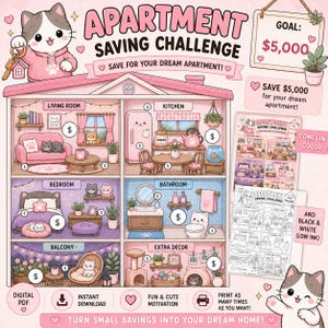 May include: An Apartment Saving Challenge digital PDF tracker featuring a cartoon cat holding keys. The graphic shows a multi-room house layout with dollar signs for savings goals, including a living room, kitchen, bedroom, bathroom, and balcony.